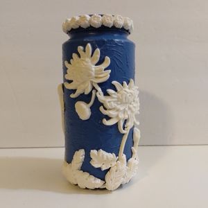 7" Blue & White Floral Embellished Glass Jar/ Vase. Signed
